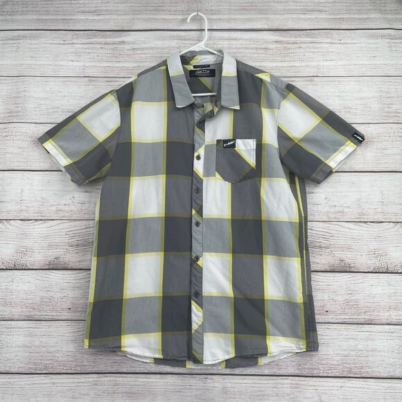 FMF Racing Short Sleeve Plaid‎ Button Down Shirt Men's Size XL Gray/Yellow - Picture 1 of 10